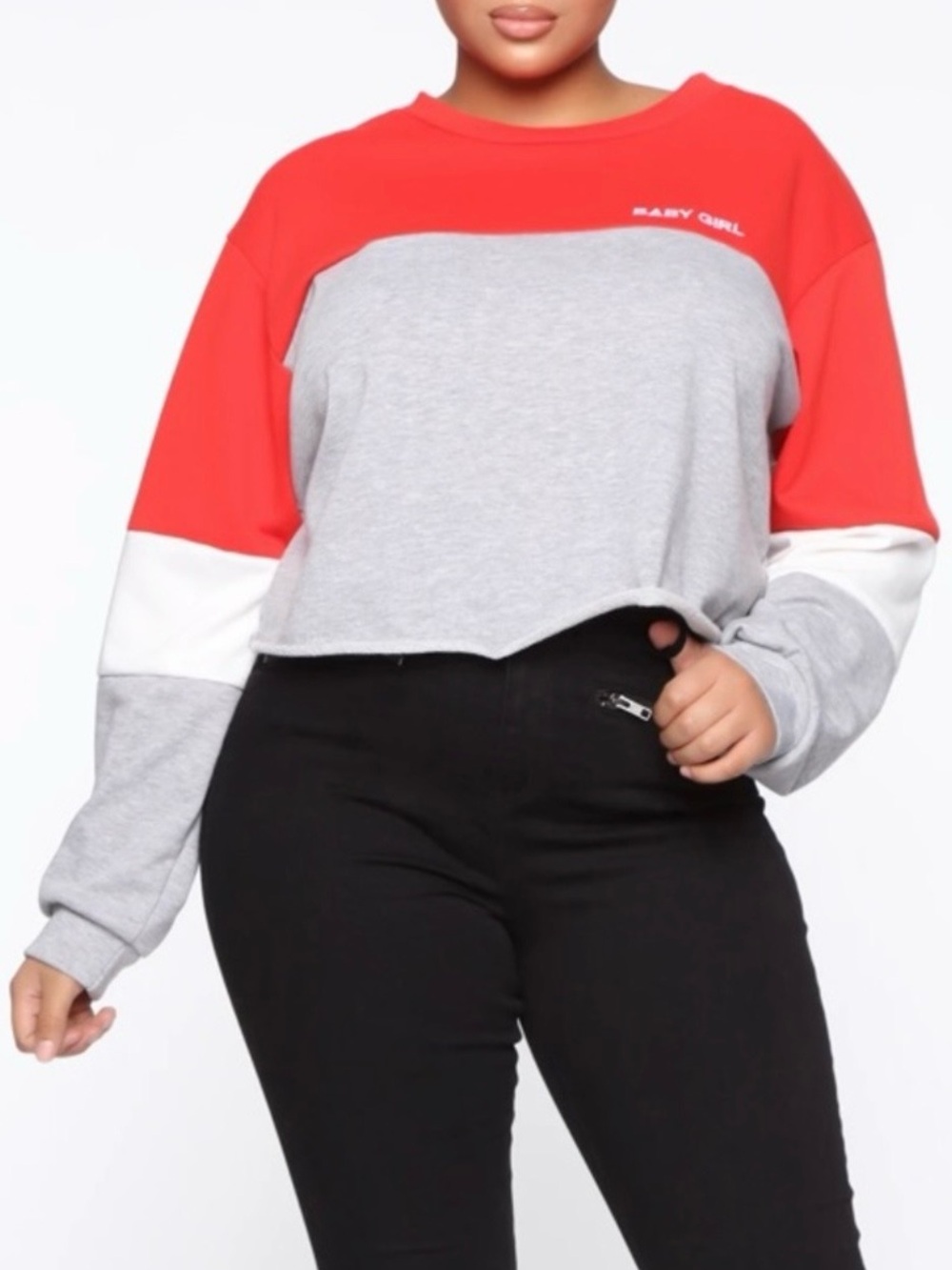 Fashion Nova Baby Girl Red Gray Color Block Cropped Top Sweatshirt Plus Size 2X - Picture 9 of 11
